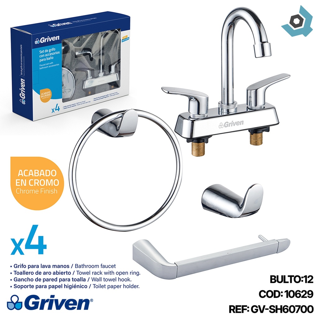 SET DE GRIFERIA PARA LAVAMANOS 4 PZAS CROMADO GRIVEN