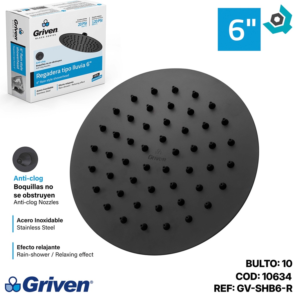 REGADERA PARA DUCHA TIPO LLUVIA REDONDA 6" GRIVEN BLACK