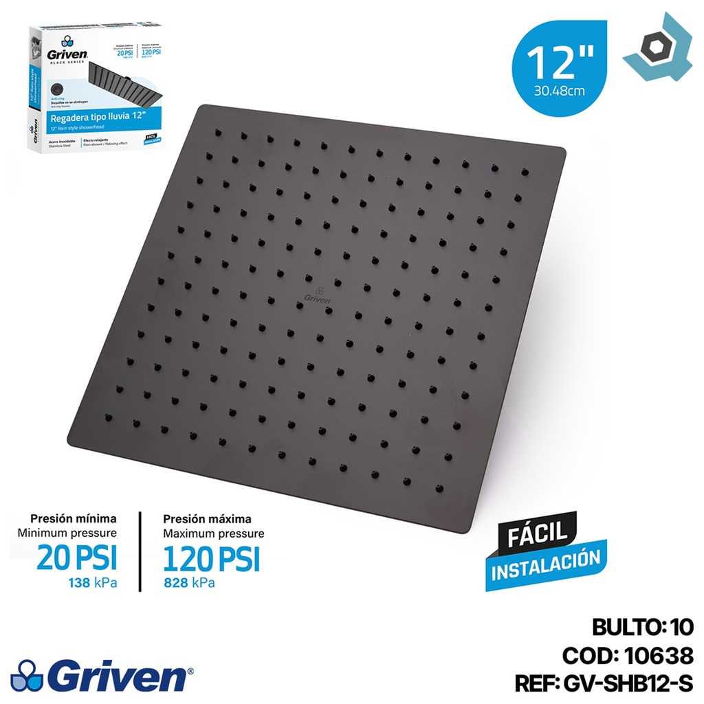 REGADERA PARA DUCHA TIPO LLUVIA CUADRADA 12" GRIVEN BLACK
