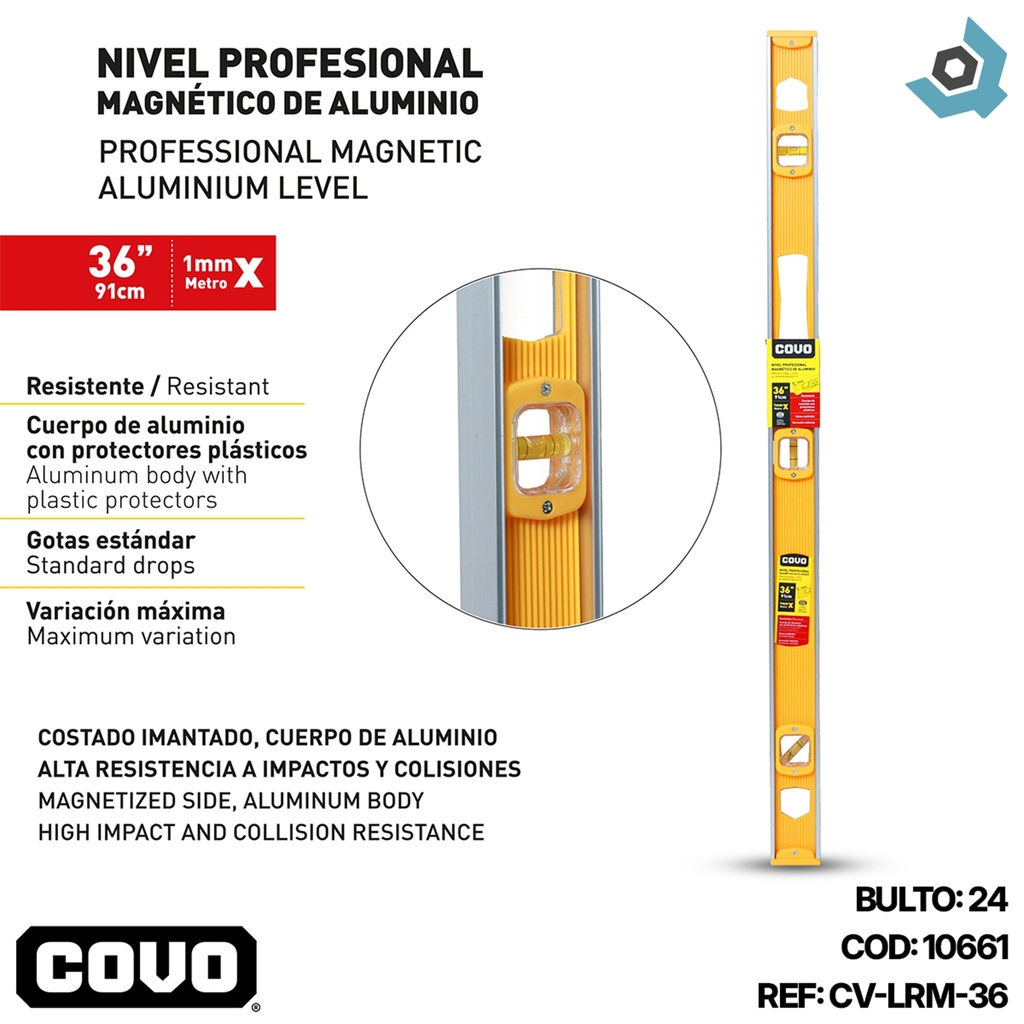 NIVEL PROFESIONAL MAGNETICO DE ALUMINIO 36" COVO