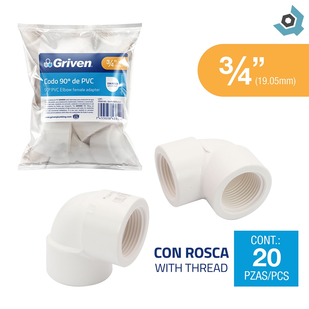 CODO 90GR DE PVC 3/4" CON ROSCA BLANCO GRIVEN