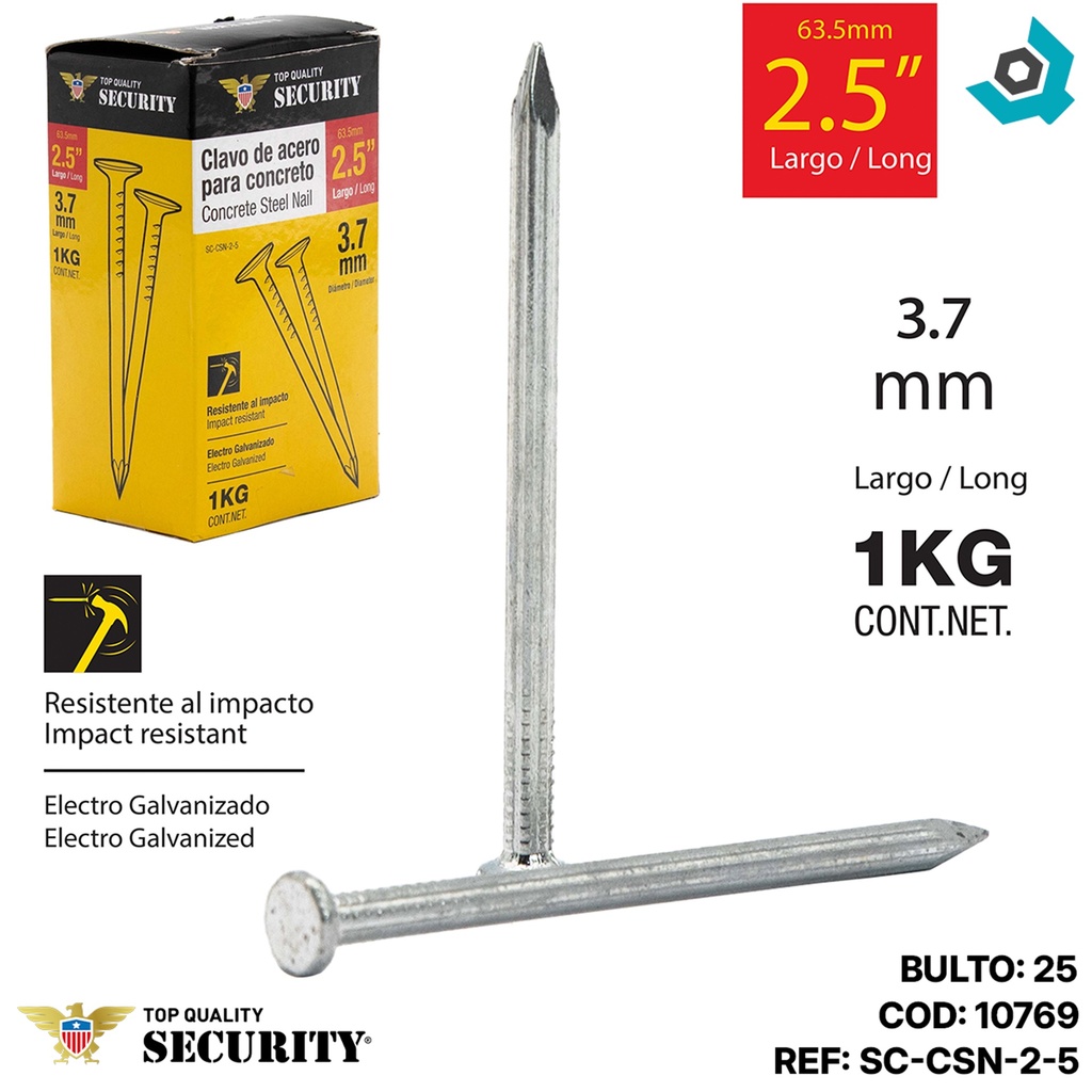 CLAVO DE ACERO PARA CONCRETO 2.5" SECURITY
