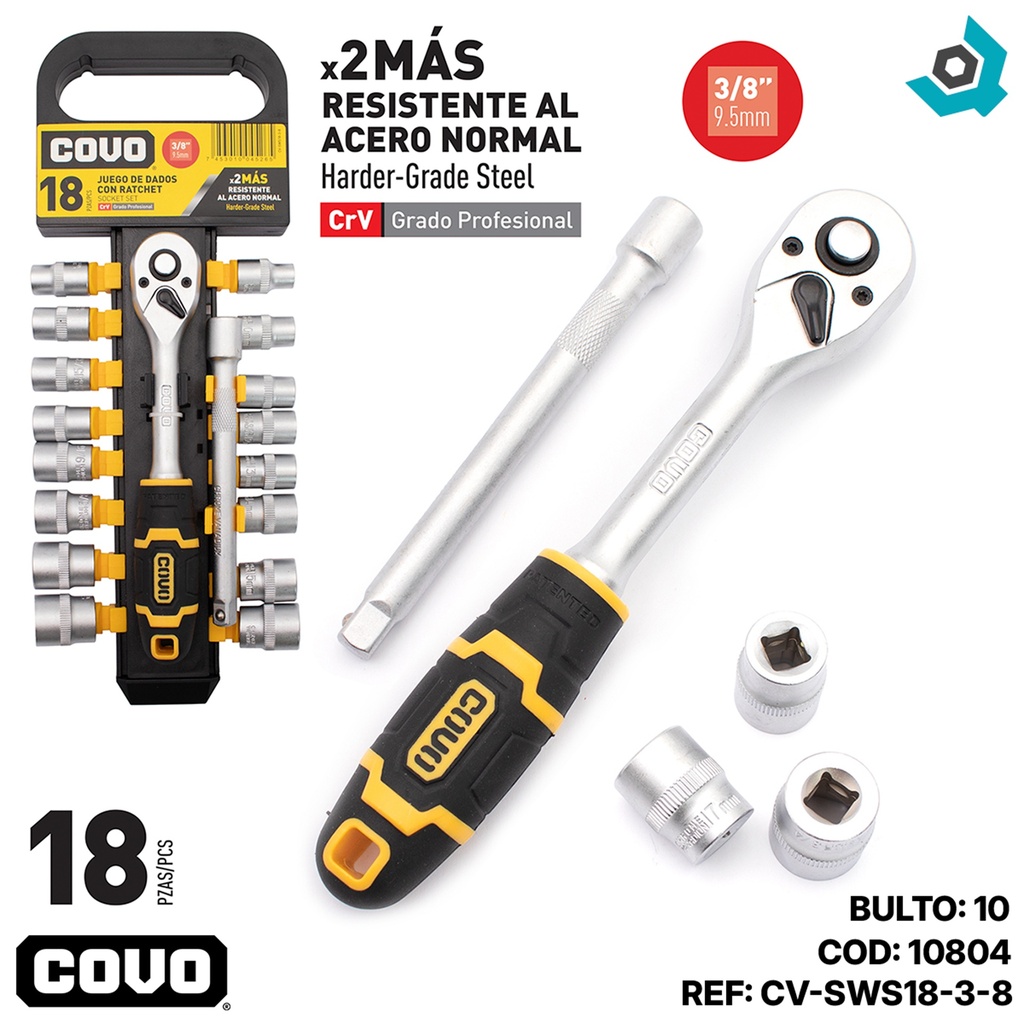 JUEGO DE DADOS CON RACHET 3/8" 18 PZA COVO