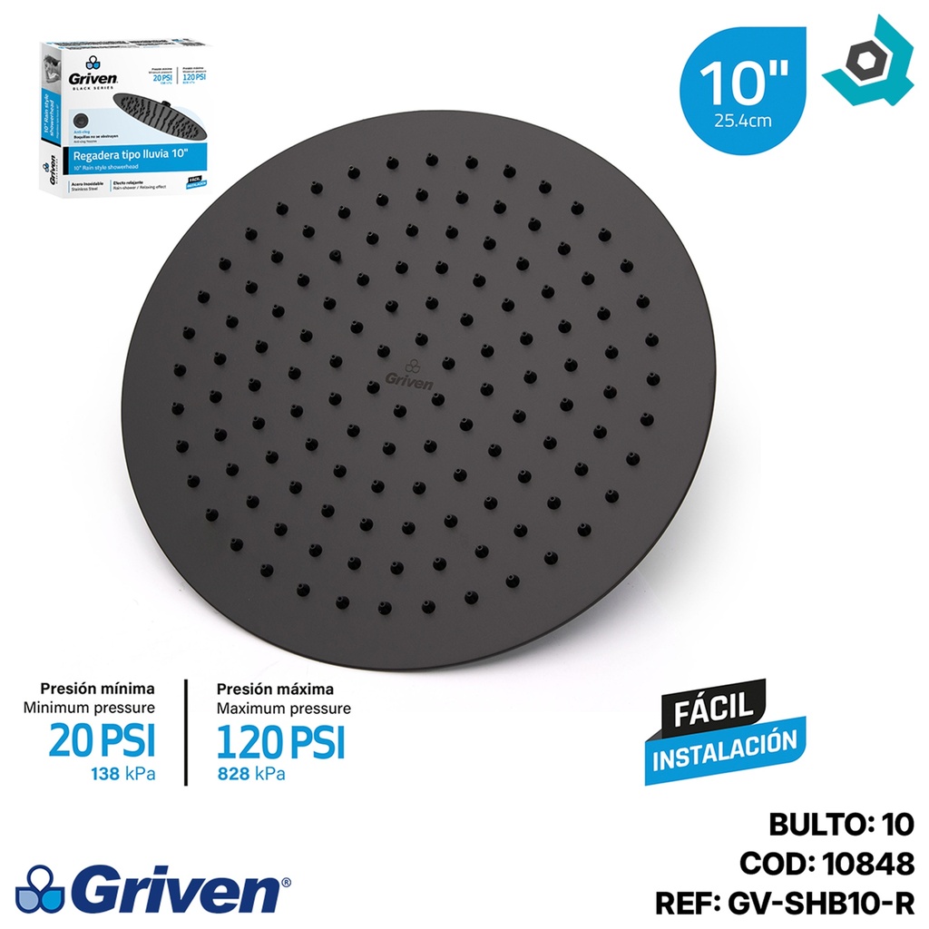 REGADERA PARA DUCHA TIPO LLUVIA REDONDA 10" GRIVEN BLACK