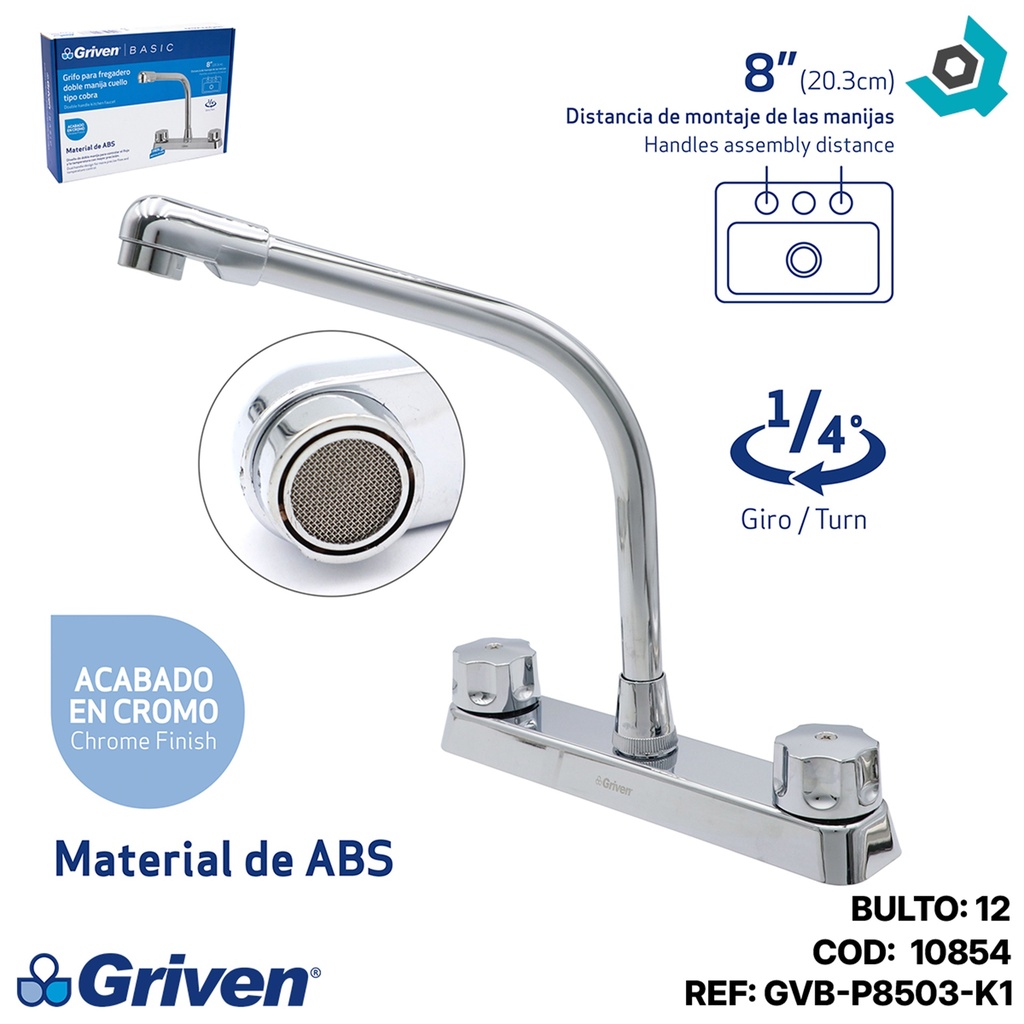 GRIFERIA PARA FREGADERO DOBLE MANIJA CUELLO TIPO COBRA GRIVEN BASIC