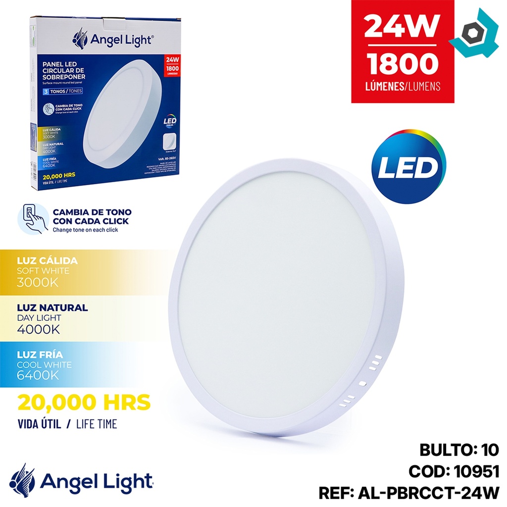 LAMPARA LED SUPERFICIAL REDONDA 24W 3 TONOS ANGEL LIGHT