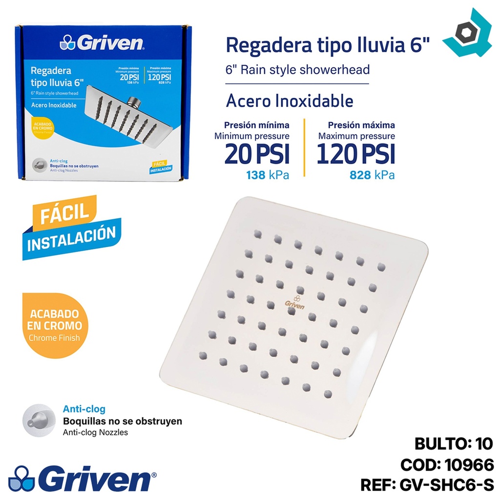 REGADERA PARA DUCHA TIPO LLUVIA CUADRADA 6" CROMADA GRIVEN