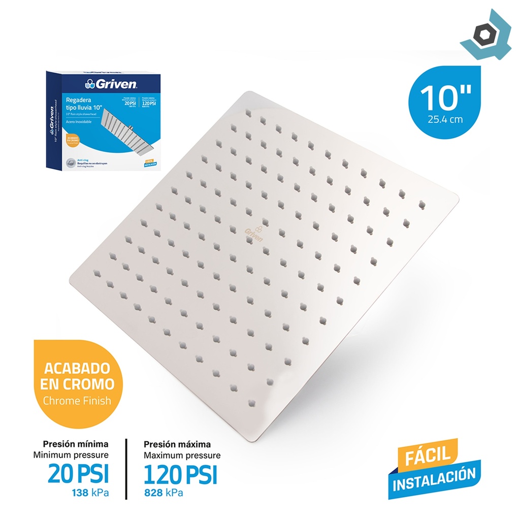 REGADERA PARA DUCHA TIPO LLUVIA CUADRADA 10" CROMADA GRIVEN