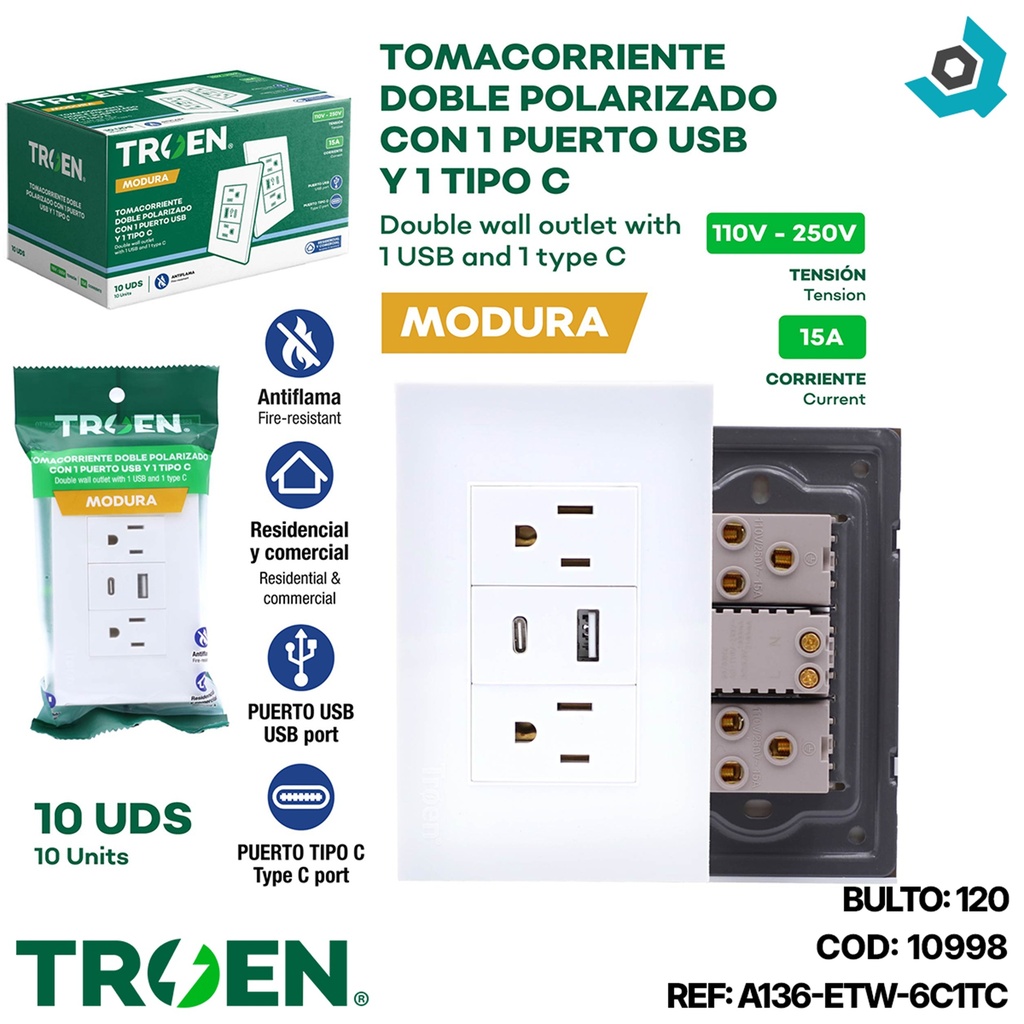 TOMACORRIENTE DOBLE CON UN USB Y UN TIPO C BLANCO TROEN