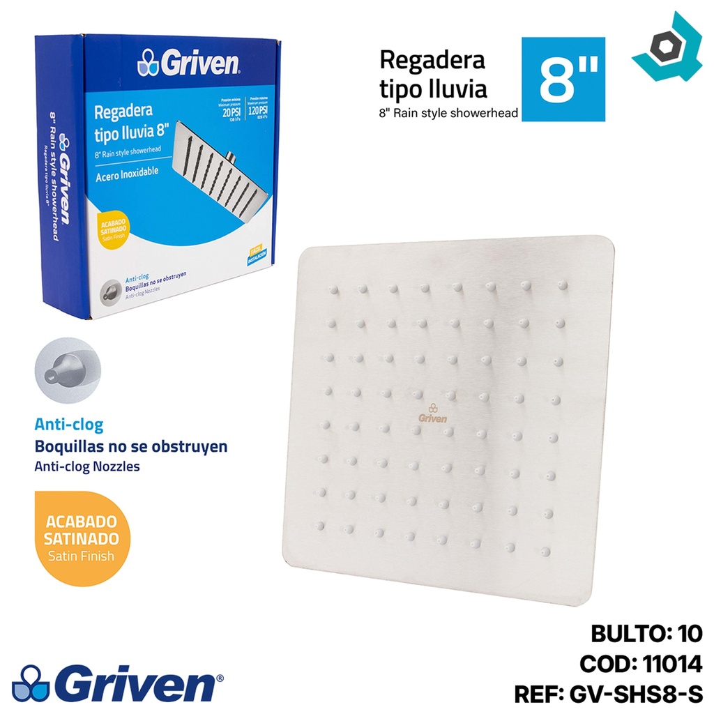 REGADERA PARA DUCHA TIPO LLUVIA CUADRADA 8" SATINADA GRIVEN