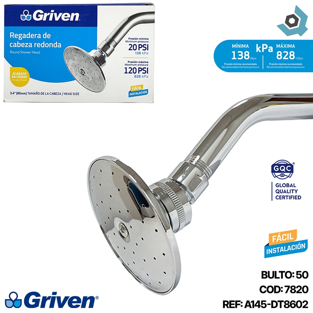 REGADERA PARA BANO 8.5CM CABEZA REDONDA GRIVEN