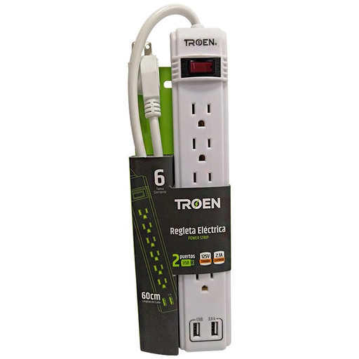 [7858] REGLETA ELECTRICA 6 TOMAS CON PUERTO USB TROEN
