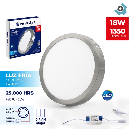 [7905] LAMPARA LED SUPERFICIAL REDONDA 18W NIQUELADA LUZ BLANCA ANGEL LIGHT