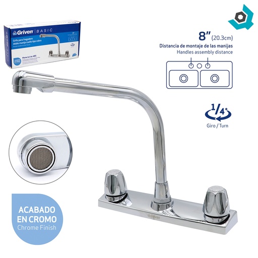[7910] GRIFERIA PARA FREGADERO 8" DOBLE MANIJA GRIVEN