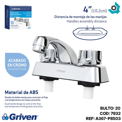 [7932] GRIFERIA PARA LAVAMANOS 4" DOBLE MANIJA GRIVEN