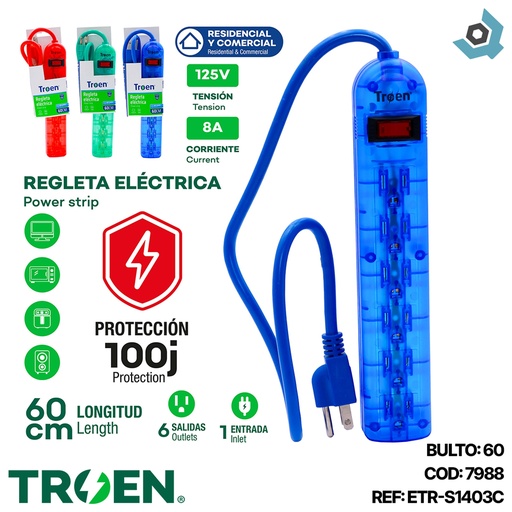 [7988] REGLETA ELECTRICA 6 TOMAS 50CM TROEN