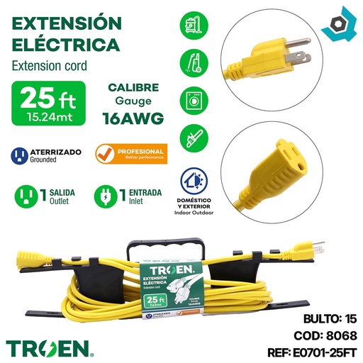 [8068] EXTENSION ELECTRICA 25FT 1 TOMA TROEN