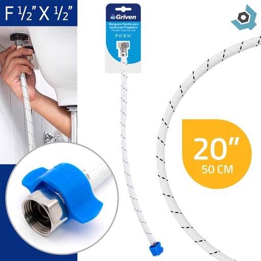 [8090] MANGUERA FLEXIBLE 50CM 1/2" X 1/2" PARA PLOMERIA GRIVEN