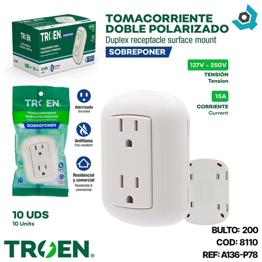 [8110] TOMACORRIENTE SUPERFICIAL BLANCO CON TIERRA 2 VIAS TROEN