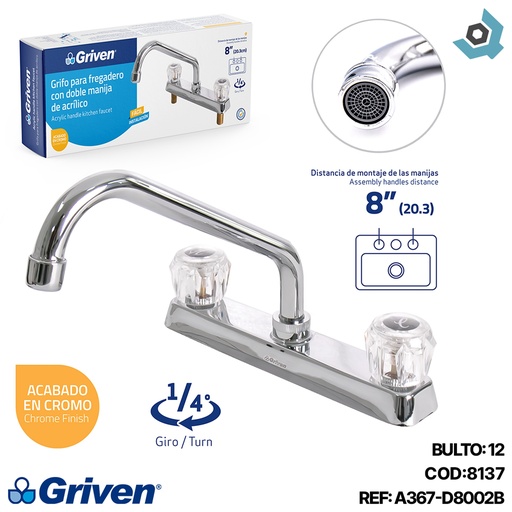 [8137] GRIFERIA PARA FREGADERO 8" POMO DE ACRILICO GRIVEN