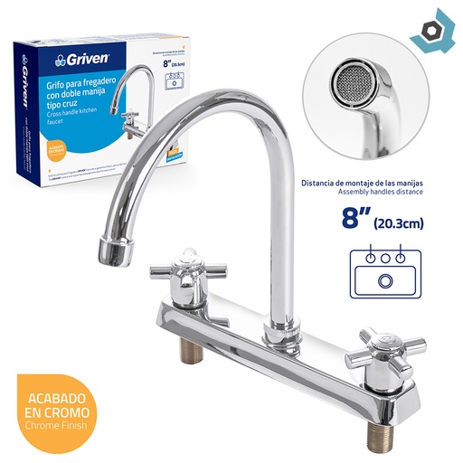 [8160] GRIFERIA PARA FREGADERO 8" MANIJA CRUZ GRIVEN