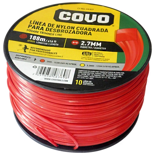 [8172] NYLON CUADRADO PARA DESMALEZADORA 188MT X 2.7MM COVO