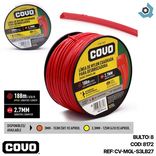 [8172] NYLON CUADRADO PARA DESMALEZADORA 188MT X 2.7MM COVO
