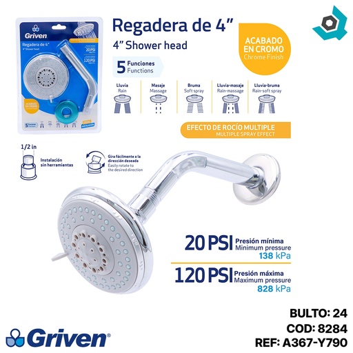 [8284] REGADERA PARA BANO 4" 5 FUNCIONES GRIVEN
