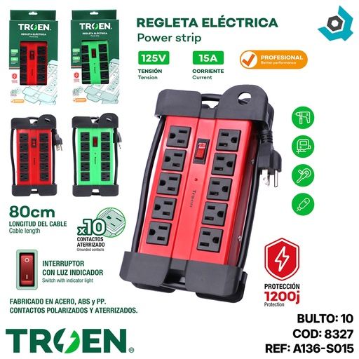 [8327] REGLETA ELECTRICA 10 TOMAS CON TIERRATROEN