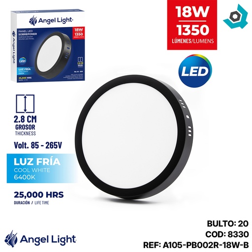 [8330] LAMPARA LED SUPERFICIAL REDONDA 18W 8.5" LUZ BLANCA ANGEL LIGHT
