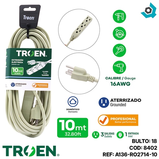 [8402] EXTENSION ELECTRICA 32FT 3 TOMAS TROEN