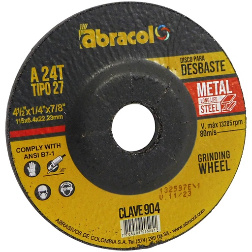 [8430] DISCO DE DESBASTE 4 1/2" DE METAL ABRACOL