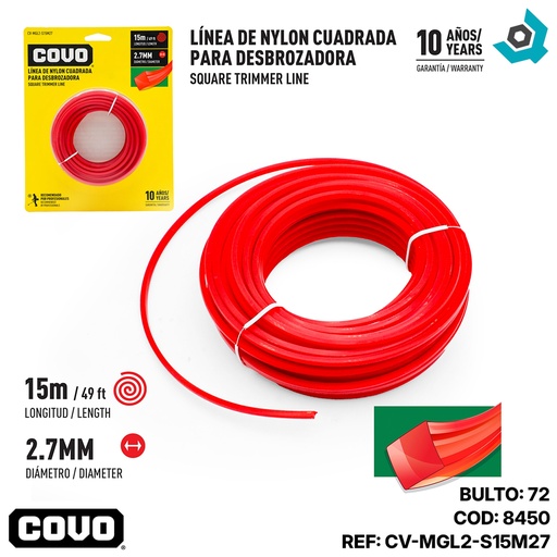 [8450] NYLON CUADRADO PARA DESMALEZADORA 15MT X 2.7MM COVO