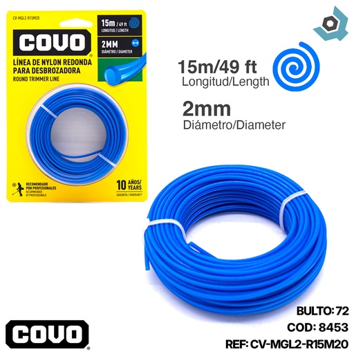 [8453] NYLON REDONDO PARA DESMALEZADORA 15MT X 2MM COVO