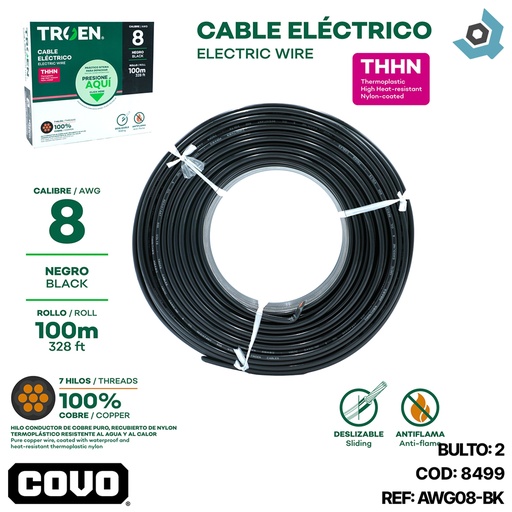 [8499] CABLE ELECTRICO 8 AWG NEGRO 7 HILOS TROEN