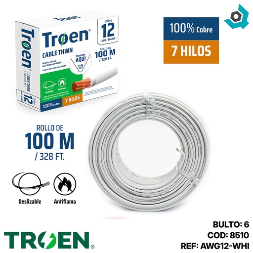 [8510] CABLE ELECTRICO 12 AWG BLANCO 7 HILOS TROEN