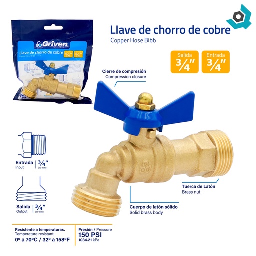 [8527] LLAVE DE CHORRO 3/4" BRONCE GRIVEN
