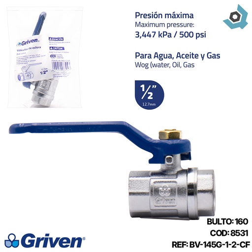 [8531] VALVULA 1/2" CROMADA GRIVEN