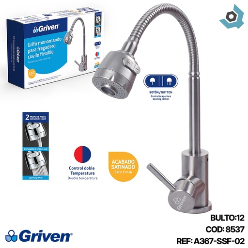 [8537] GRIFERIA PARA FREGADERO DOBLE TEMPERATURA CUELLO FLEXIBLE GRIVEN