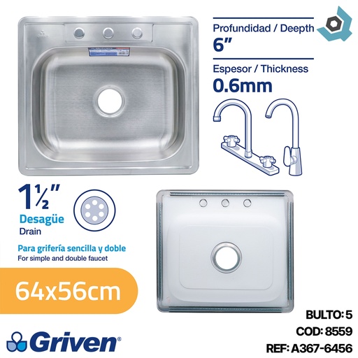 [8559] FREGADERO INDIVIDUAL 39 X 53 CM ACERO INOXIDABLE GRIVEN (1PZAS)