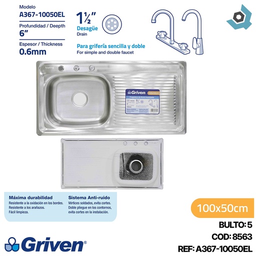 [8563] FREGADERO INDIVIDUAL 42 X 35 CM CON ESCURRIDOR GRIVEN