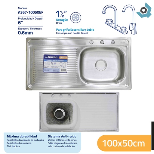 [8564] FREGADERO INDIVIDUAL 42 X 35 CM CON ESCURRIDOR GRIVEN