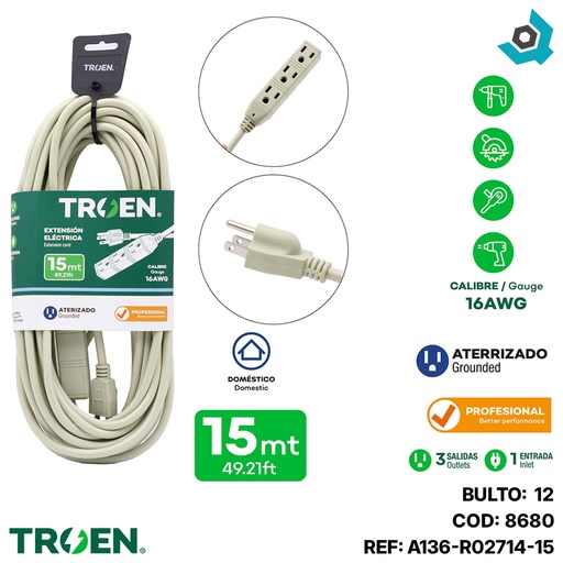 [8680] EXTENSION ELECTRICA 49.21FT 3 TOMAS TROEN