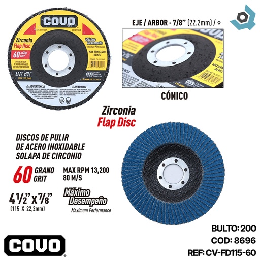 [8696] DISCO ABRASIVO 4 1/2" GRANO 60 PARA PULIR COVO