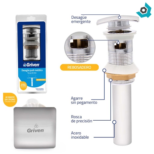 [8697] DESAGUE PARA LAVAMANOS 1 1/4" X 19CM PUSH CUADRADO GRIVEN