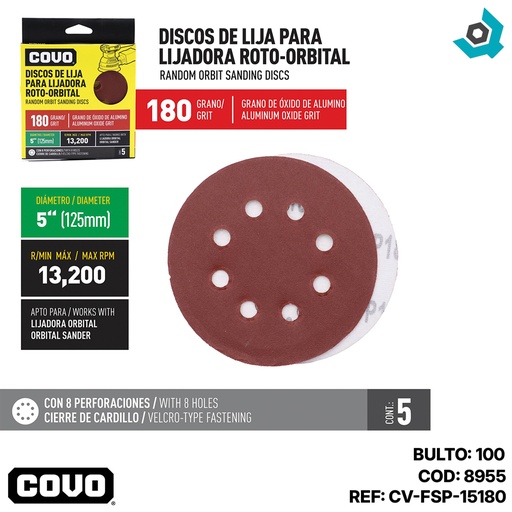 [8955] DISCO ABRAISVO 4 1/2" GRANO 180 PARA PULIR COVO