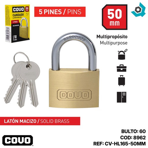 [8962] CANDADO 50MM LATON MACIZO COVO