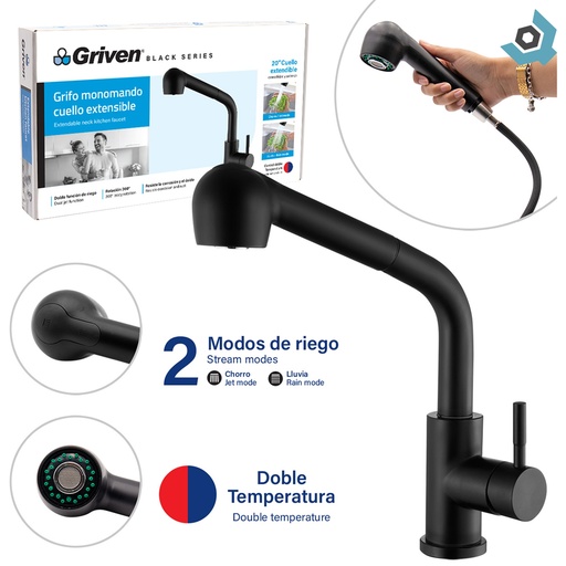 [9053] GRIFERIA PARA FREGADERO CUELLO EXTENSIBLE GRIVEN BLACK