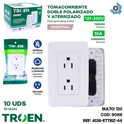 [9086] TOMACORRIENTE DOBLE BLANCO CON TIERRA TROEN