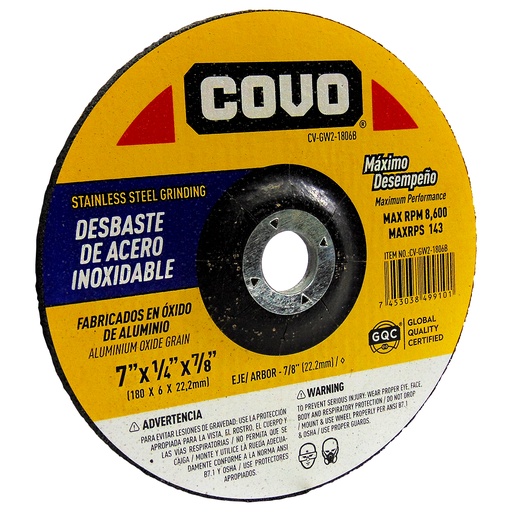 [9114] DISCO DE DESBASTE 7" DE ACERO INOXIDABLE COVO